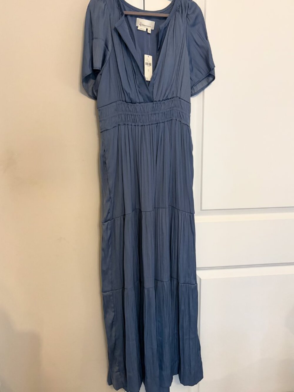 Anthropologie Tiered Maxi Dress | Size XS | Slate Blue Pleated Crinkle Satin